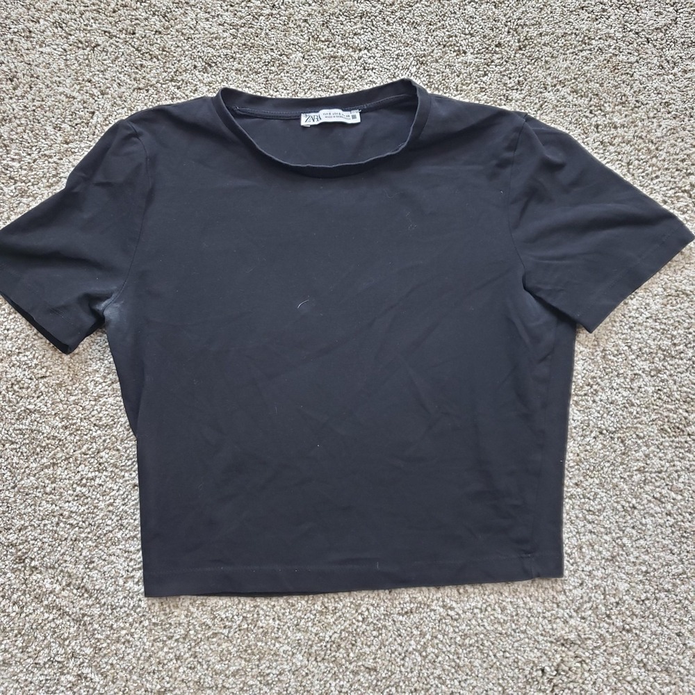 ZARA‎ Shirt Womens S Black Cropped T-Shirt Crew Neck Short Sleeve Slim Ladies